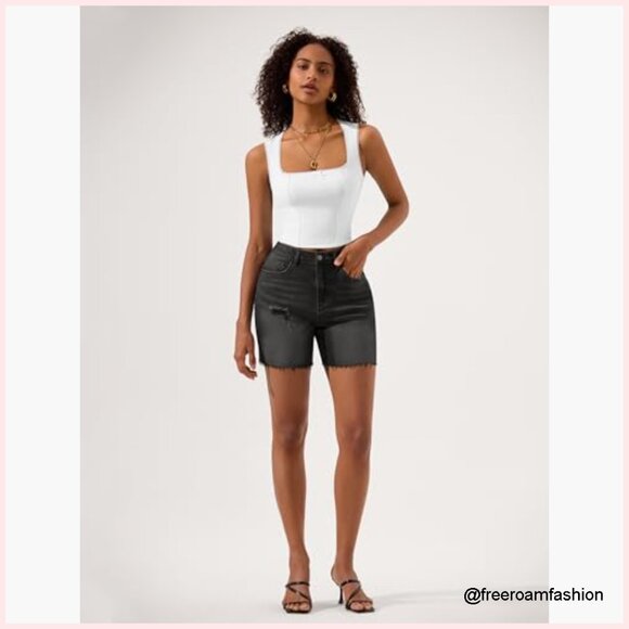 High Waisted Stretchy Denim Shorts Ripped Frayed Hem Casual Summer Jorts - Picture 5 of 7